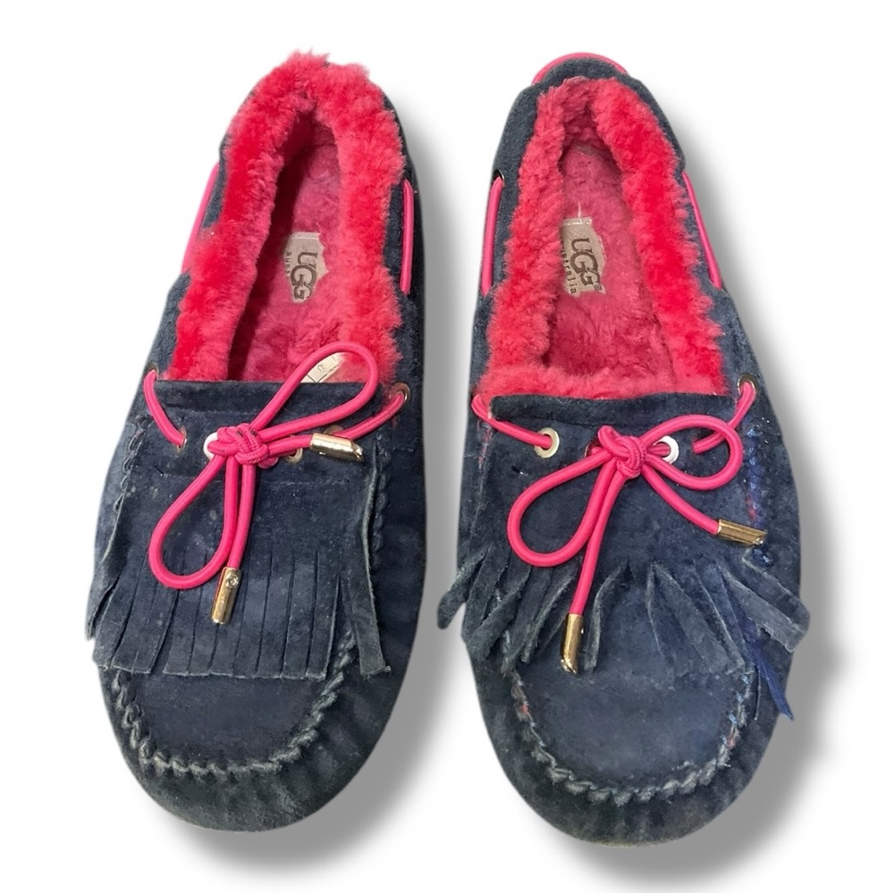 ✨ UGG Australia Fringe Moccasin Slippers 💕 Navy Suede &‎ Pink Shearling Fur 5